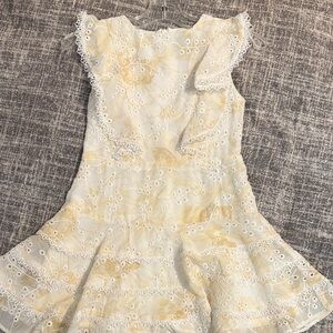 Bardot Cream Dress with Pale Yellow Floral Eyelet Ruffles